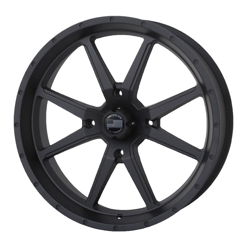 Angled view of the model 556 UTV and SXS wheel in stealth/matte black finish and 20" diameter.