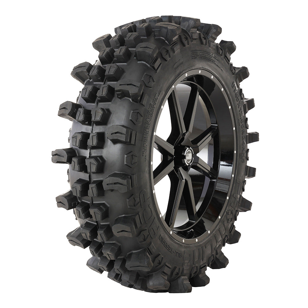 Angled view of the Frontline ACP 10-ply All-terrain radial UTV SXS tire in 40x12r24 size and 24" 556 gloss black UTV SXS wheel.