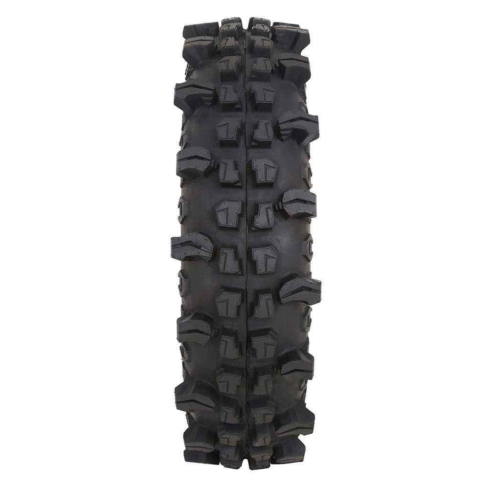 Tread pattern and design features of the high performance Frontline ACP UTV/SXS tire, displaying widely spaced lugs which excel in wet and muddy conditions.