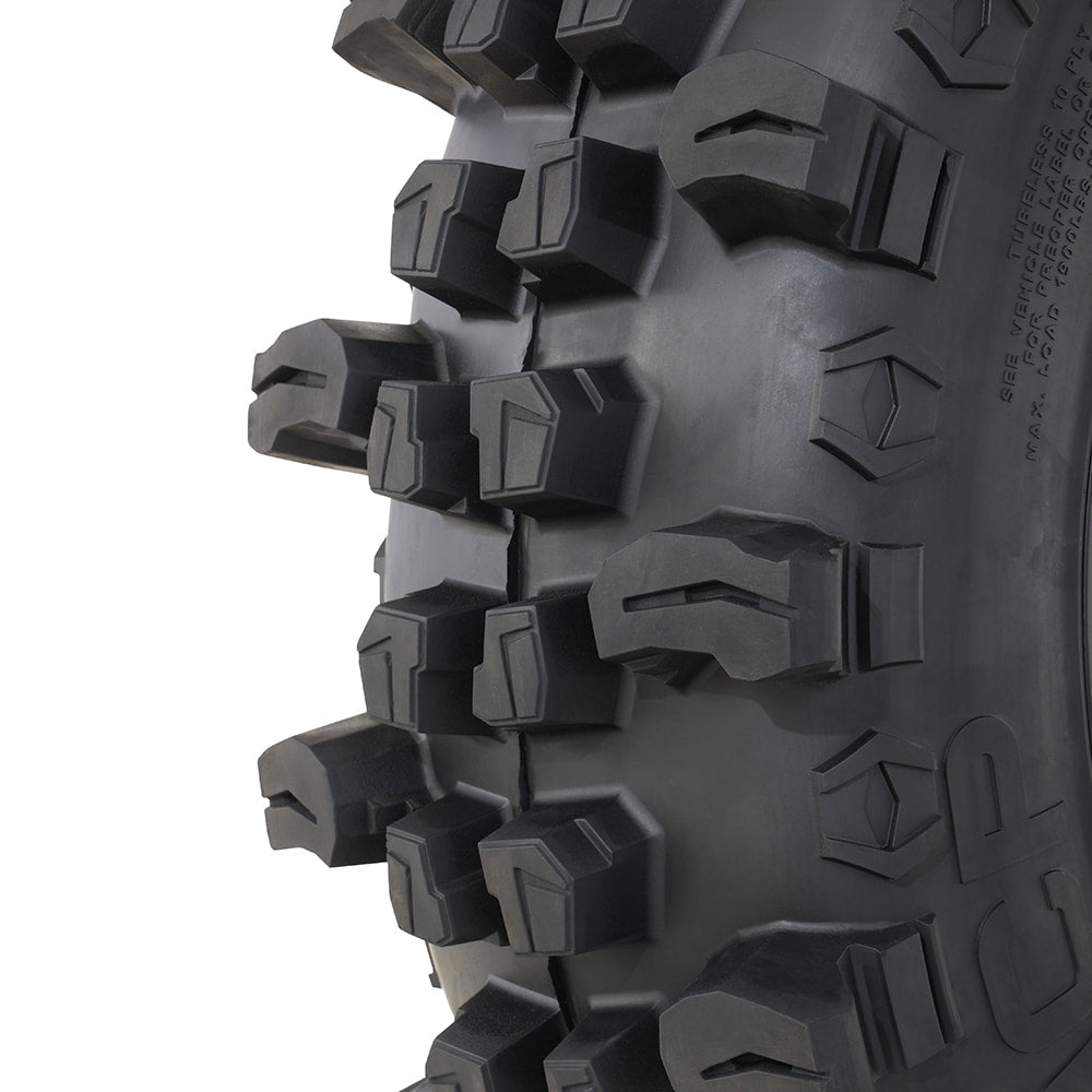 Close up view of the tread blocks and lug pattern design of the Frontline ACP UTV tire.