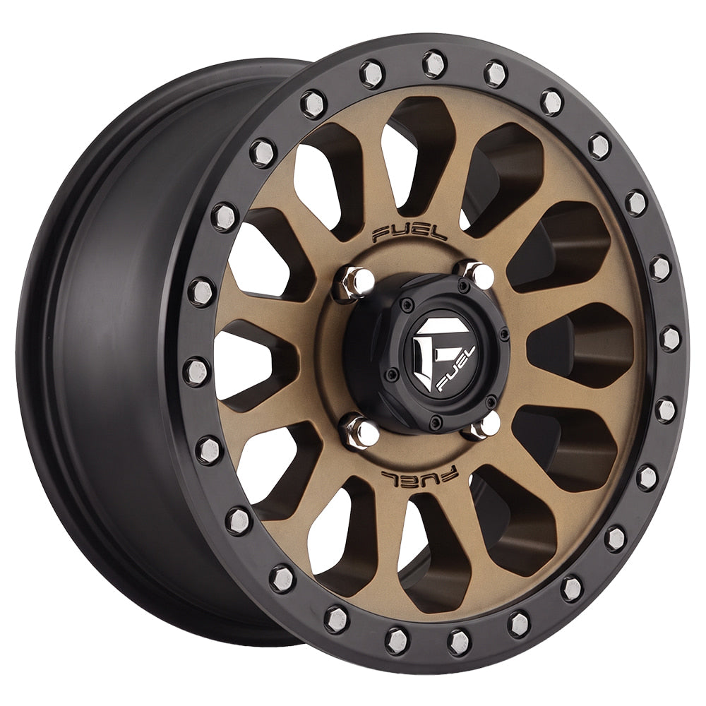Angled view of the Fuel UTV D600 VECTOR 15x7 Matte Bronze Black Bead Ring Wheel with 13mm or 38mm offset, simulated beadlock design, with 1,000lb load rating and fast and free shipping.