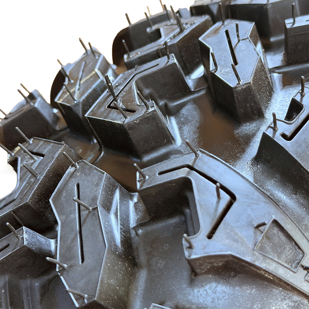 Close up detailed tread view of the unique lug design and pattern of the Galaxy Hulk PSX farm, ranch, and multi-purpose UTV and side-by-side tire, designed with a long lasting and high traction rubber compound.