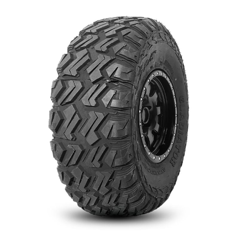 View of the XComp R/S AT33x9.5R15 tire mounted on a rim to demonstrate inflated tire, featuring Load Index of 95 and Speed Index of N (87 MPH) with an overall diameter of 32.5 Inches and a Load Capacity of 1,521 Lbs.