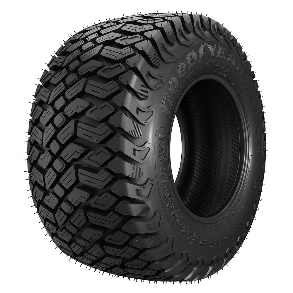 Angled view of the all new Goodyear Softrac Pro lawn, garden, and turf tire designed for UTV, ZTR, and garden tractors, featuring a high traction tread pattern design, and heavy duty 4-ply construction with robust load ratings, sold with fast and free shipping.