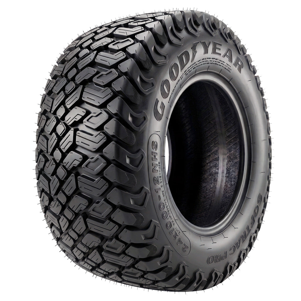 Angled view of the all new Goodyear Softrac Pro lawn, garden, and turf tire designed for UTV, ZTR, and garden tractors, featuring a high traction tread pattern design, and heavy duty 4-ply construction with robust load ratings, sold with fast and free shipping.