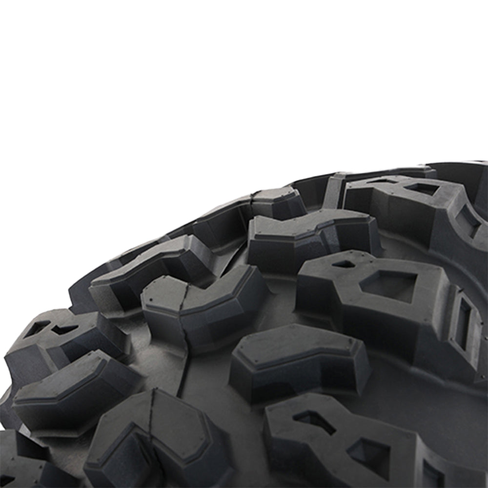 Close up view of the tread pattern and lug design featured on the all new T4 Roctane UTV and SXS tire by High Lifter STI, showcasing deep 3/4" to 1" deep lugs and staggered shoulder design to dig deep and hard in loose terrain.