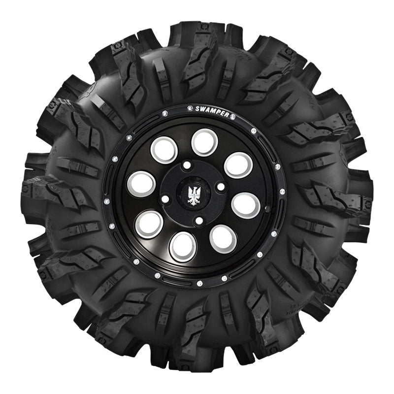 View of heavy duty sidewall and sidewall lugs / paddles on Interco Black Mamba ATV 6-ply tire.