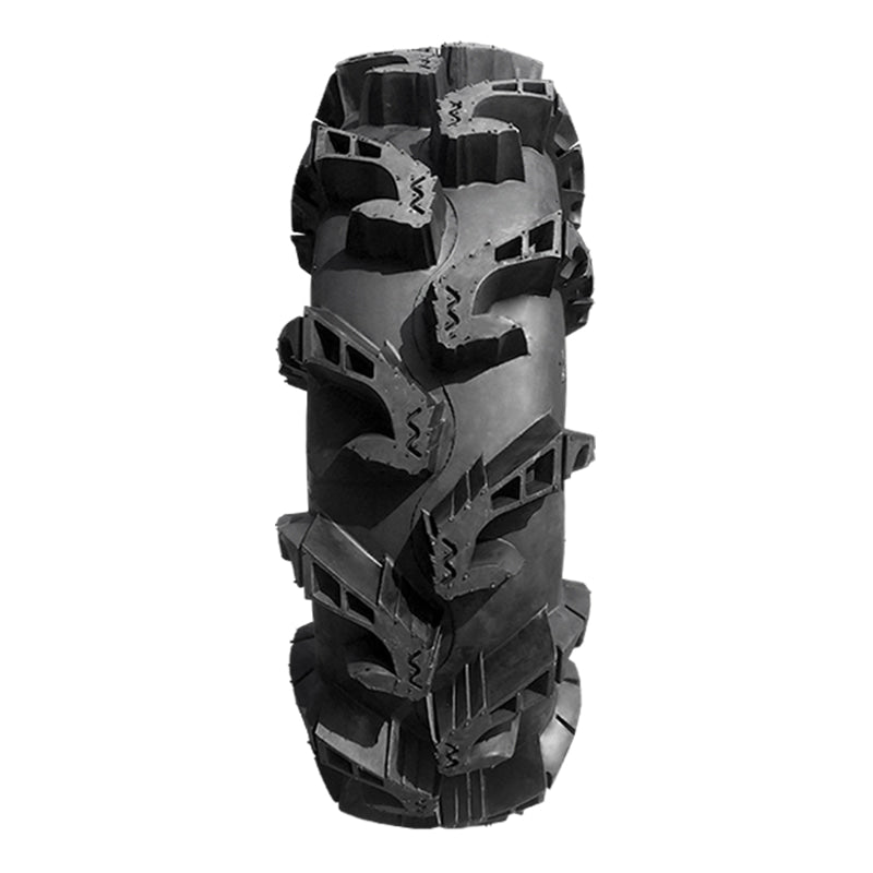 Tread view of the extra deep 2" hooked and angled lugs of the Interco Gorilla Silverback MT2 extreme mud off road tire designed for 14" and 15" rims.