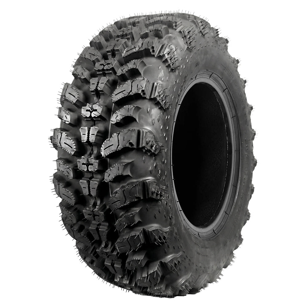 Angled view of the rugged 8-ply radial ATV and UTV Sniper 920 Radial tire by Interco, featuring high traction, lightweight design, responsive, exceptional puncture resistance, great for a wide variety of terrains, smooth and quiet performance, offered with free shipping and available in 12", 14", and 15" rim sizes, all sizes offered with free shipping.