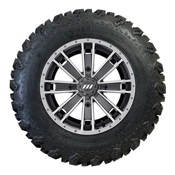 Sidewall view and details on Interco Sniper 920 radial ATV tire mounted on wheel for illustration purposes.