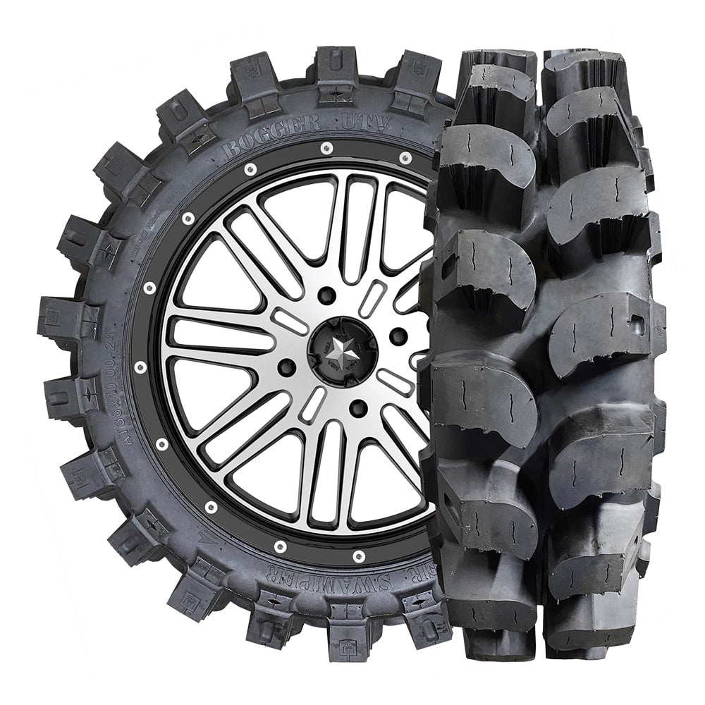 Extra deep lugged tread on Interco Bogger UTV 38x10-14 mud tire.