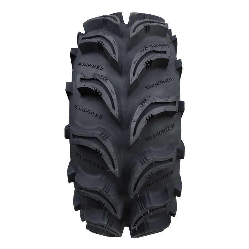 Close-up view of tread pattern and large deep lugs on Vampire 2 UTV, SxS, and ATV 6-ply tire.