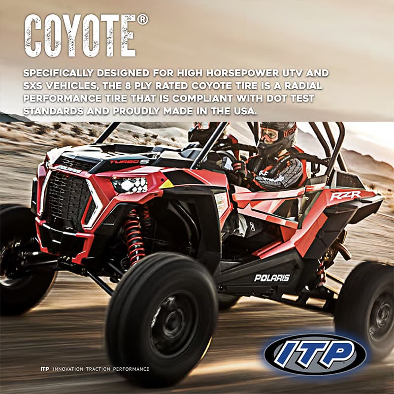 Promotional photo highlighting the features of the ITP Coyote radial UTV and SXS tire.
