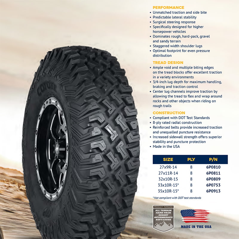 Details of the performance, tread design, and construction of the ITP Coyote tire, as well as sizing and part numbers.