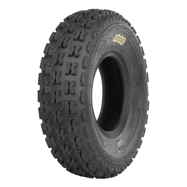 Angled view of a front ITP Holeshot XCT high performance quad tire.