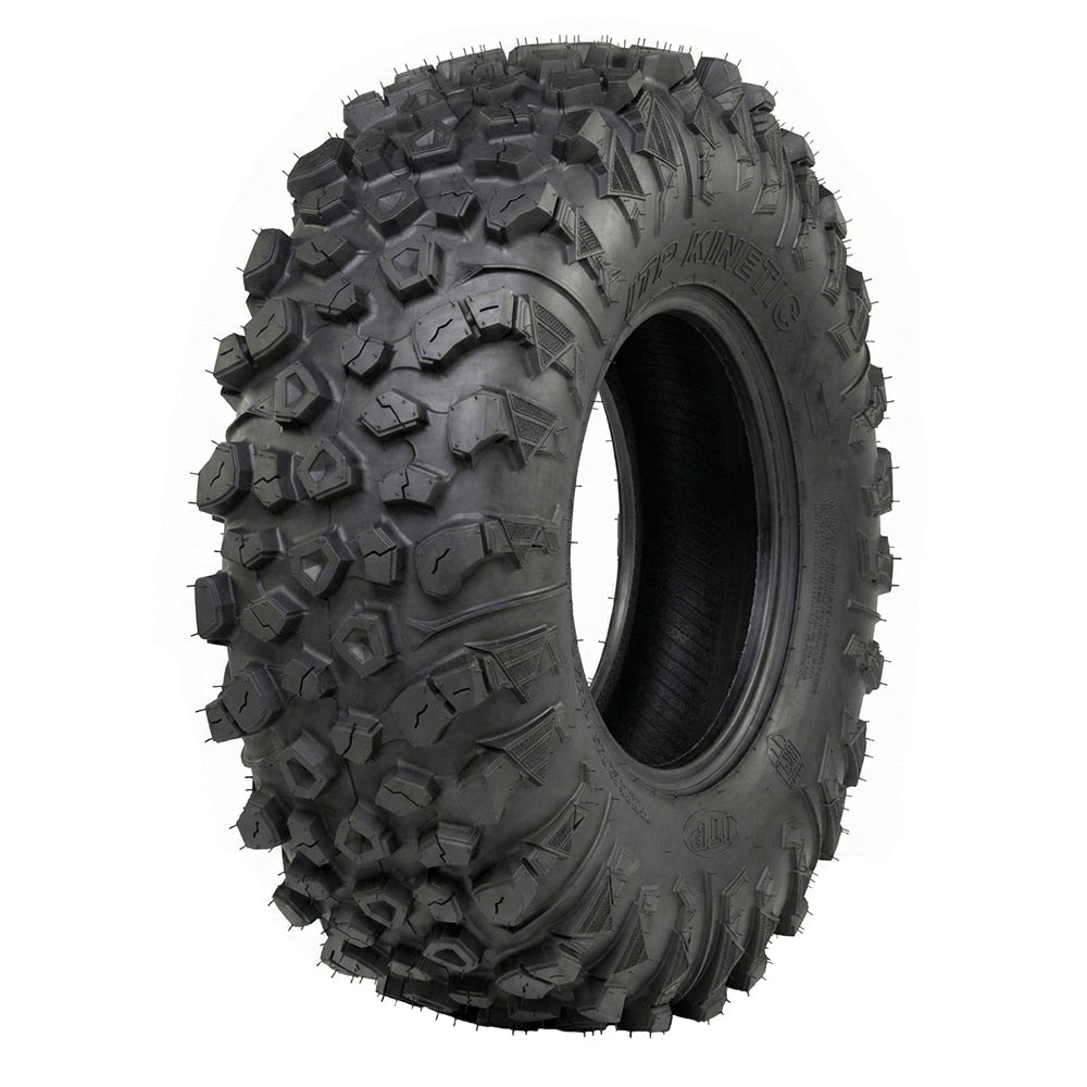 Angled high definition view of the ITP Kinetic UTV and Side-by-Side tire, made with strong 8-ply radial construction, high traction lug design and tread pattern, strategic inter-lug stone ejectors, and effective siping and pocketed lug design, all sizes offered with fast and free shipping.