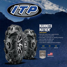 Promotional photo of the heavy duty larger ITP Mammoth Mayhem ATV and UTV tire with highlight features and sizes / specifications.