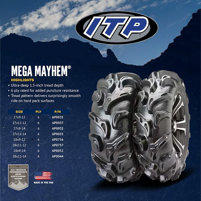 Promotional photo of the heavy duty ITP Mega Mayhem ATV and UTV tire with highlight features and sizes / specifications.