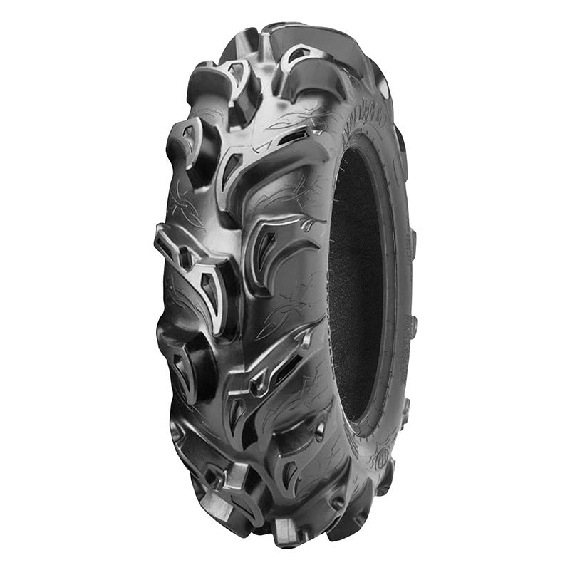Angled view of the ITP Mega Mayhem front tire - 6-ply - designed for UTV, ATV, and SXS mud and soft terrain applications.