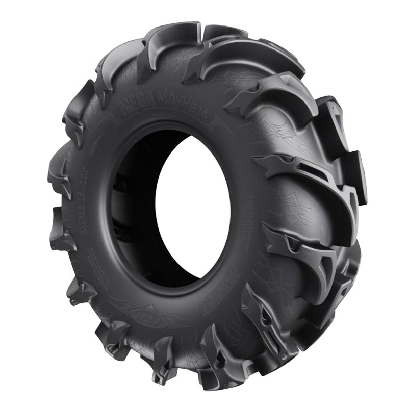 View of the sidewall details and tread lug features on the popular and heavy duty ITP Mega Mayhem tire designed for UTVs and ATVs.
