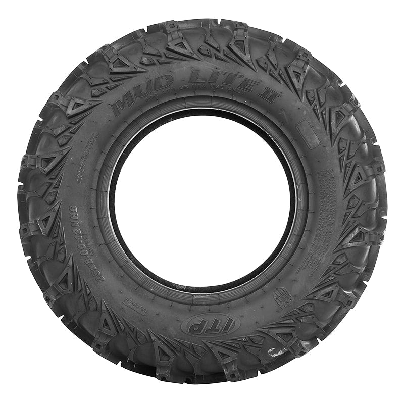 View of the sidewall and details of the ITP Mud Lite II UTV tire, size 25x8-12 NHS durable 6-ply construction.