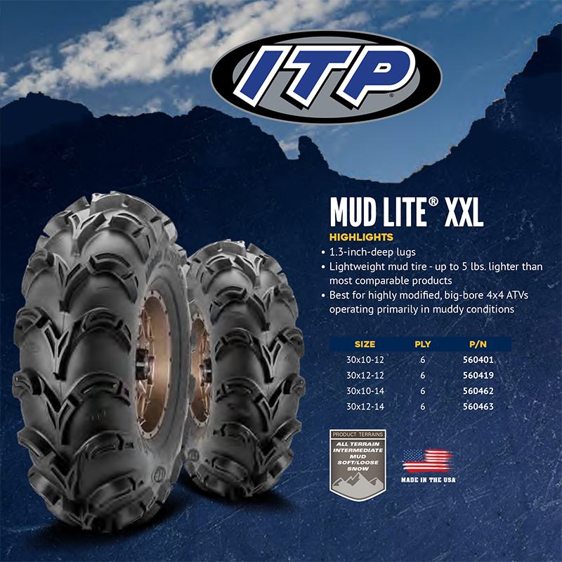 Mud Lite XXL tires features, highlights, and specifications promotional photo.