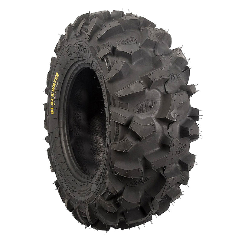 Angled view of the ITP Blackwater Evolution Radial 8-Ply UTV and ATV tire, designed with extreme puncture resistance, high traction, and smooth ride, offered with free shipping, available in 12" and 14" rim sizes.