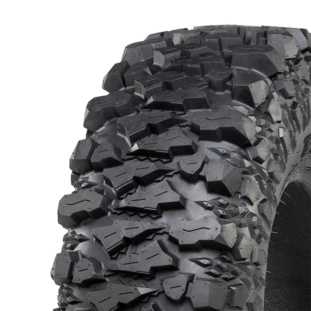 Close up detailed view of the tread pattern and lug design of the ITP Savage X/T all-terrain and rock crawling extreme UTV tire featuring wide spaced shoulder lugs and aggressive rock grabbing sidewalls with extra strong sidewalls, offered in 9 popular and unique sizes.