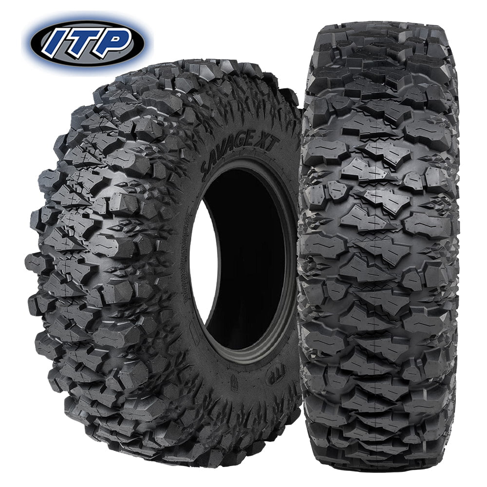 Main product listing photo with a view of the all new high performance rock crawling ITP Savage X/T 8-ply Nylon Radial UTV and SXS tire, designed for higher performance, high speed machines, featuring 2 available rubber compounds RG2 and H.A.R.C. (Hyper-Adhesion Rubber Compound), and offered with free shipping.