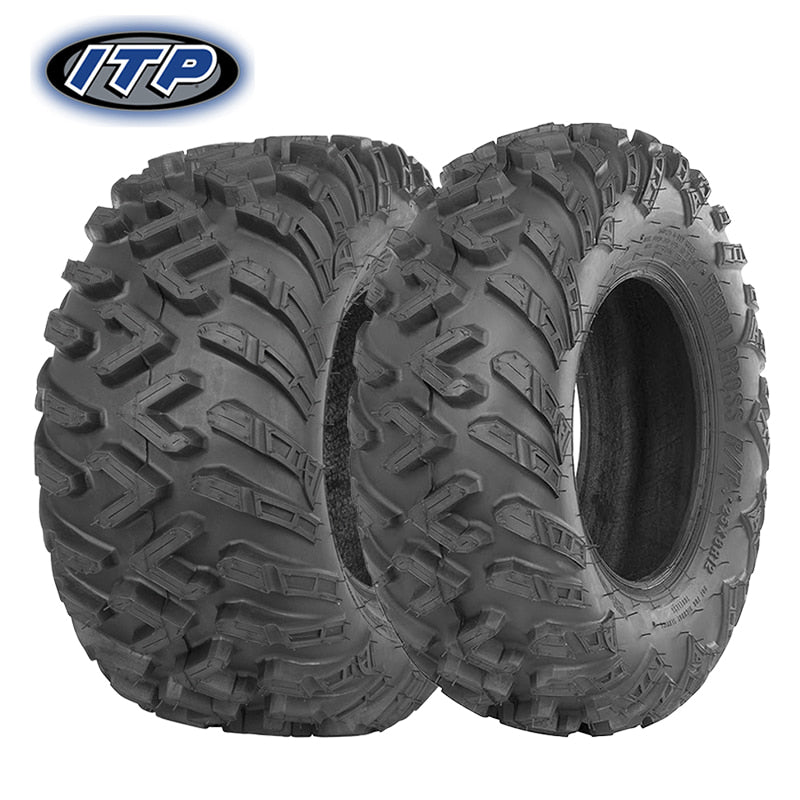 Front and rear ITP Terra Cross R/T all-terrain offroad UTV, SXS, and ATV radial 6-ply tires with XD Extreme Duty construction.