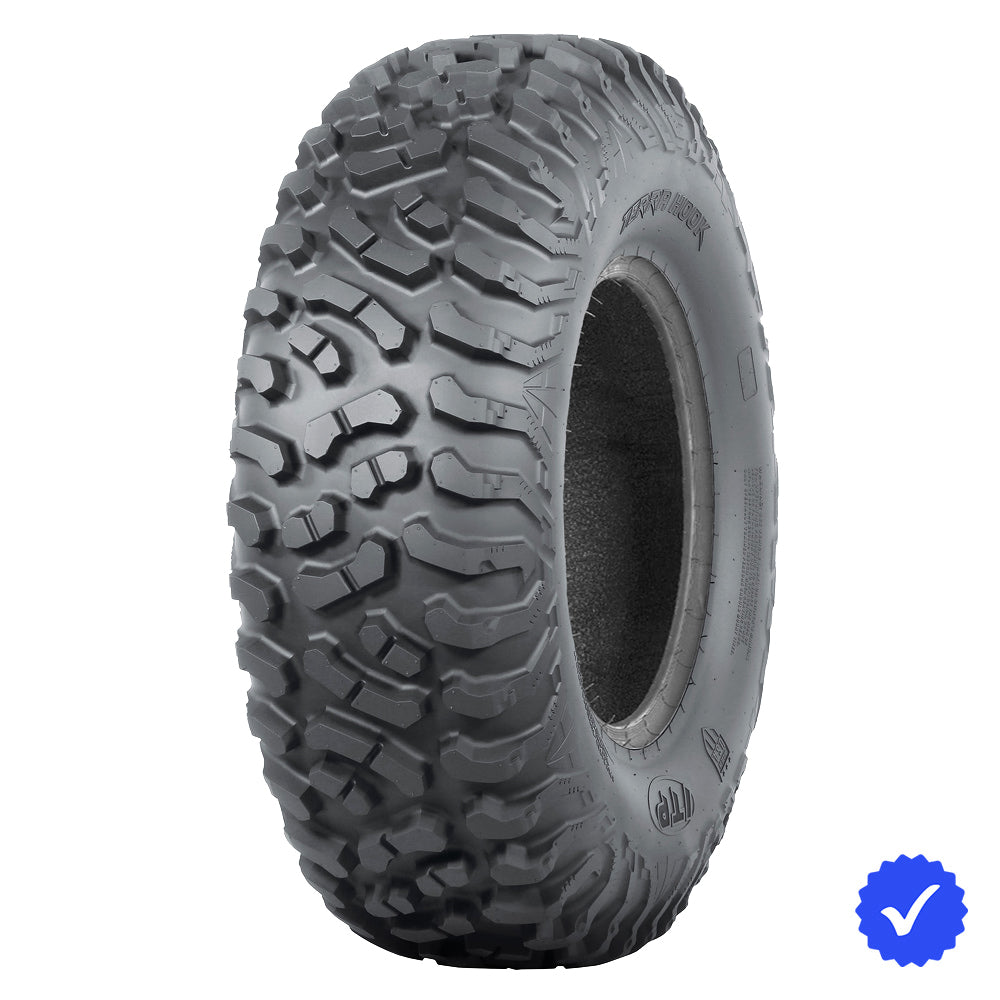 Angled view of the high performance and high traction ITP Terra Hook all-terrain SXS and UTV tire, offered in all major rim sizes and overall heights, made from premium materials and manufactured in the USA, available to purchase individually or by the set of 4, sold with free shipping.