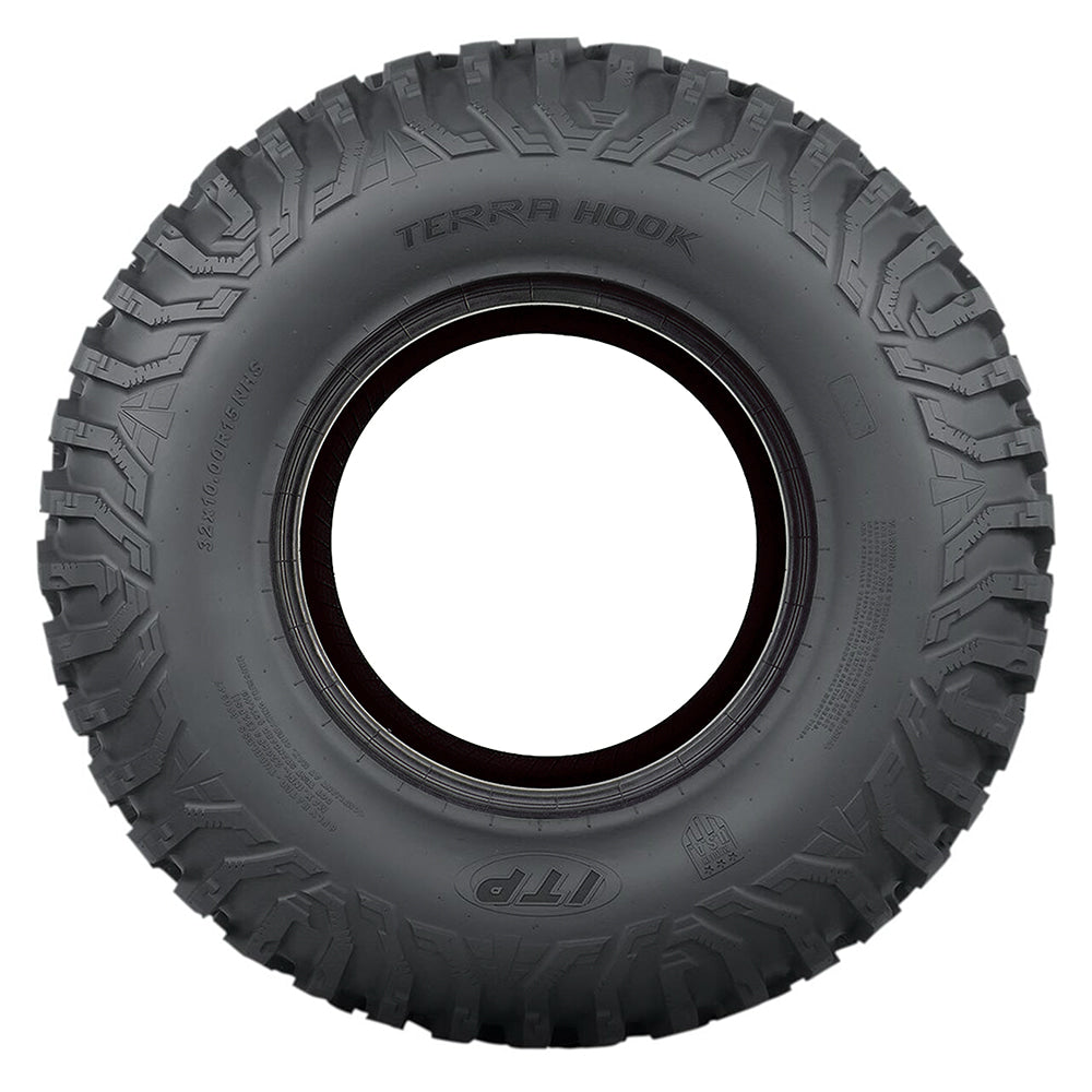 Full detailed sidewall view of the ITP Terra Hook 8-ply Radial UTV and Side-by-Side high performance all terrain tire, Made in the USA and NHS rated for off-road use only.
