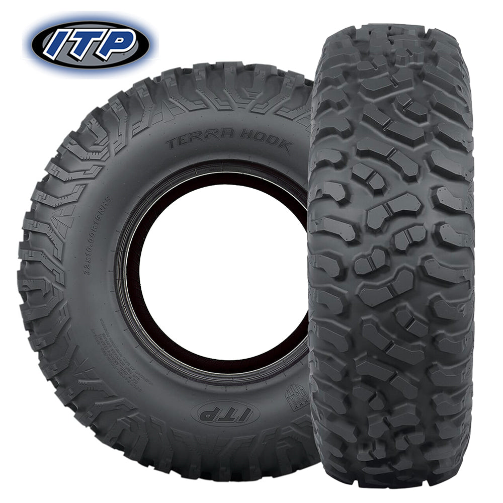 Main listing photo showing the sidewall and tread pattern of the 8-ply Nylon Radial high quality UTV and SXS tire, the ITP Terra Hook, available in all major sizes and all offered with free shipping from Ride or Die Tire.