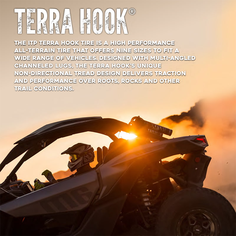 Promotional photo of features and selling points of the ITP Terra Hook 8-ply UTV tire.