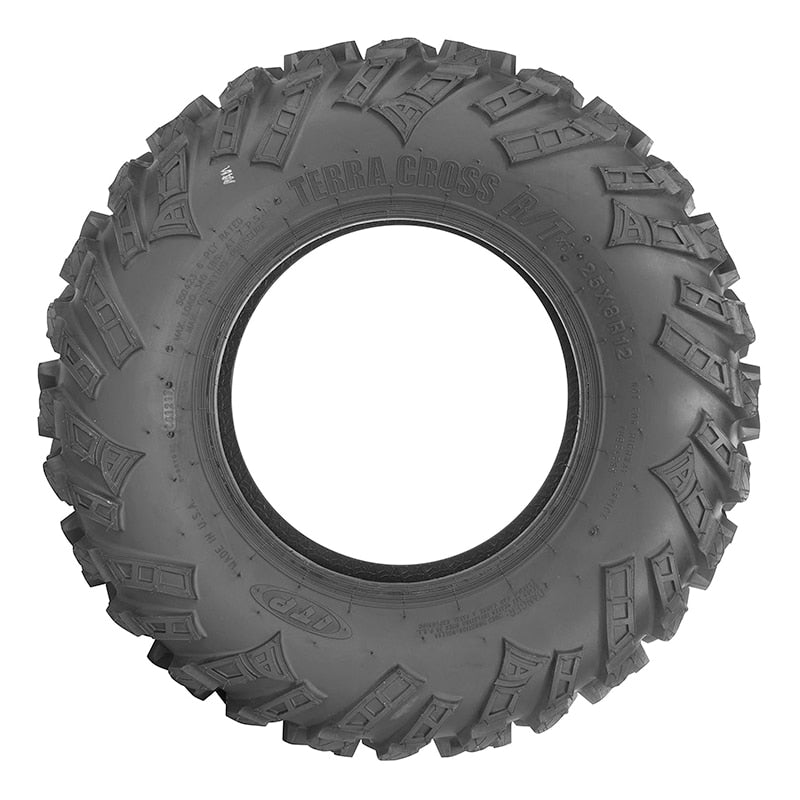 View of the sidewall design and profile on the ITP Terra Cross 25x8r12 radial all-terrain UTV and ATV tire.