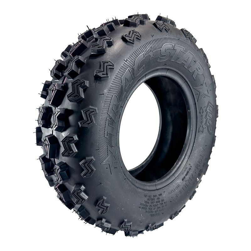Angled view of the ITP Tracstar radial 22x7R10 front ATV premium knobby high performance high speed 6-ply tire.