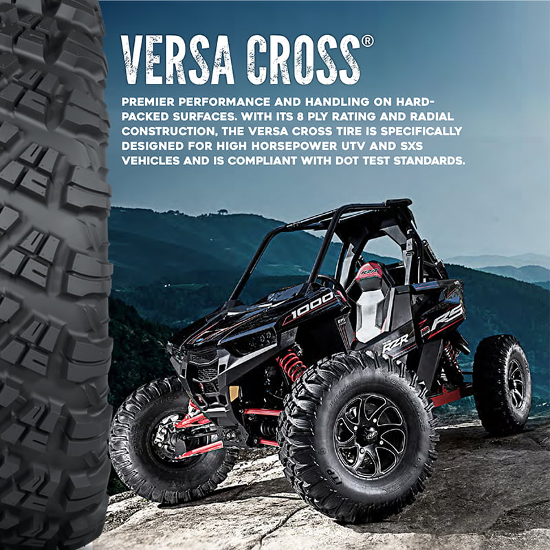 Promotional photo for original Versa Cross tire which is designed for higher horsepower UTV and SxS vehicles, compliant with DOT test standards.