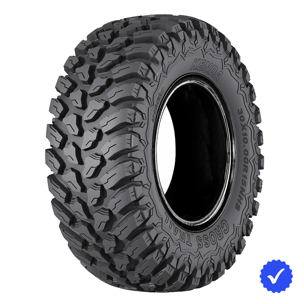 Angled view of the Kenda Cross Trail K3213 high performance all-terrain 8-Ply Radial SXS and UTV tire, featuring a high traction angled tread design with stepped shoulder lugs, elite void to tread ratio, and fast speed rating, offered with free shipping on all sizes, NHS rated for off road use.