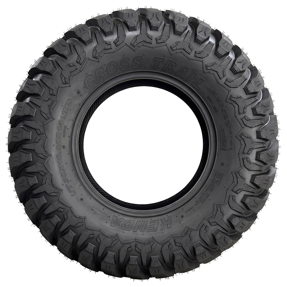 Full sidewall view of the 30x10R14 Kenda Cross Trail K3213 8-ply nylon radial all-terrain side-by-side UTV tire, featuring a rugged, wrap-around shoulder lugs, and efficiently spaced tread blocks for elite traction and extended tread life.