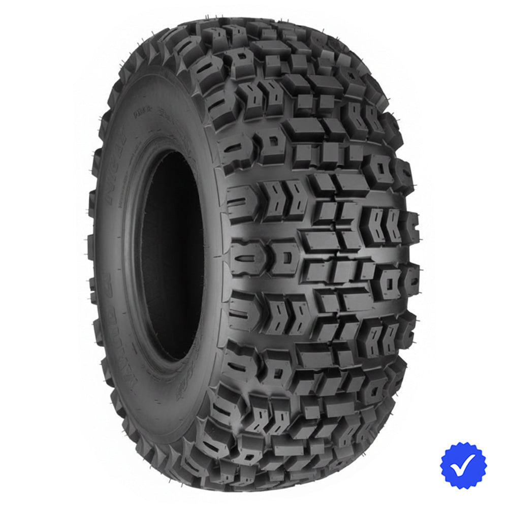 Angled view of the multi-purpose Kenda K502 Terra Trac all-terrain tire designed for high traction applications for golf carts, atv, utv, lawn, garden, ztr, and yard tractors, available for 8", 10", and 12 wheels, featuring high quality Kenda construction and all sizes offered with fast and free shipping.