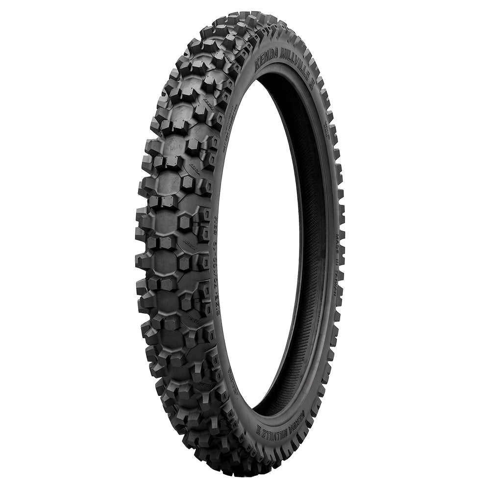 Angled image of the Kenda K785 Millville 2 front dirt bike tire, engineered for top MX and Off-road performance, with a directional design lug pattern for soft to intermediate conditions with increased cornering traction biting edges, sold with fast and free shipping.