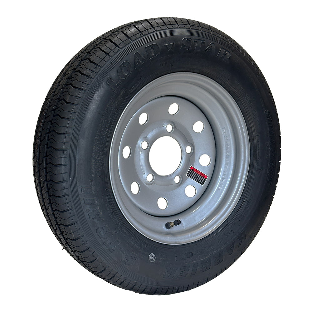 Kenda Karrier S-Trail Load Range D 12" trailer tire on silver steel wheel with 5x4.5" bolt pattern.