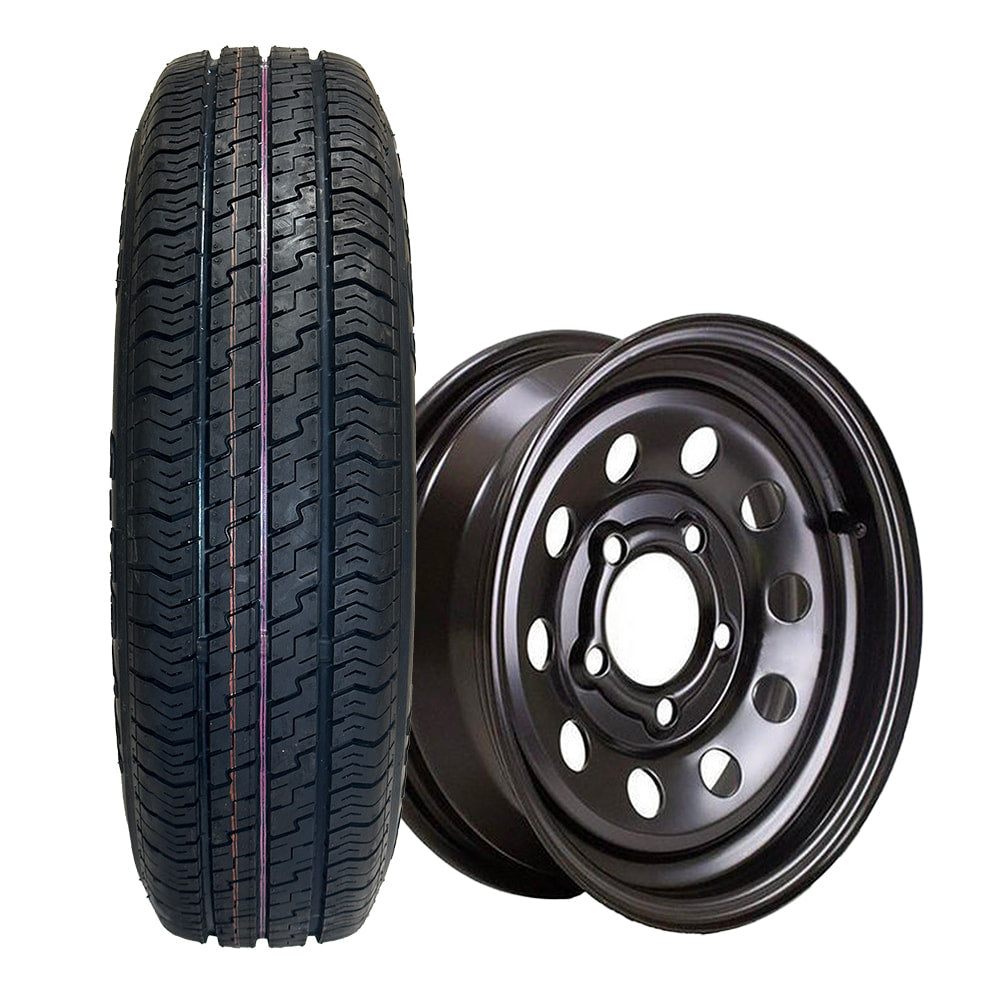 Kenda Karrier S-Trail Load Range D 12" trailer tire on black steel MOD wheel with 5x4.5" bolt pattern.