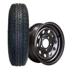 Kenda Karrier S-Trail Load Range D 12" trailer tire on black steel MOD wheel with 5x4.5" bolt pattern.