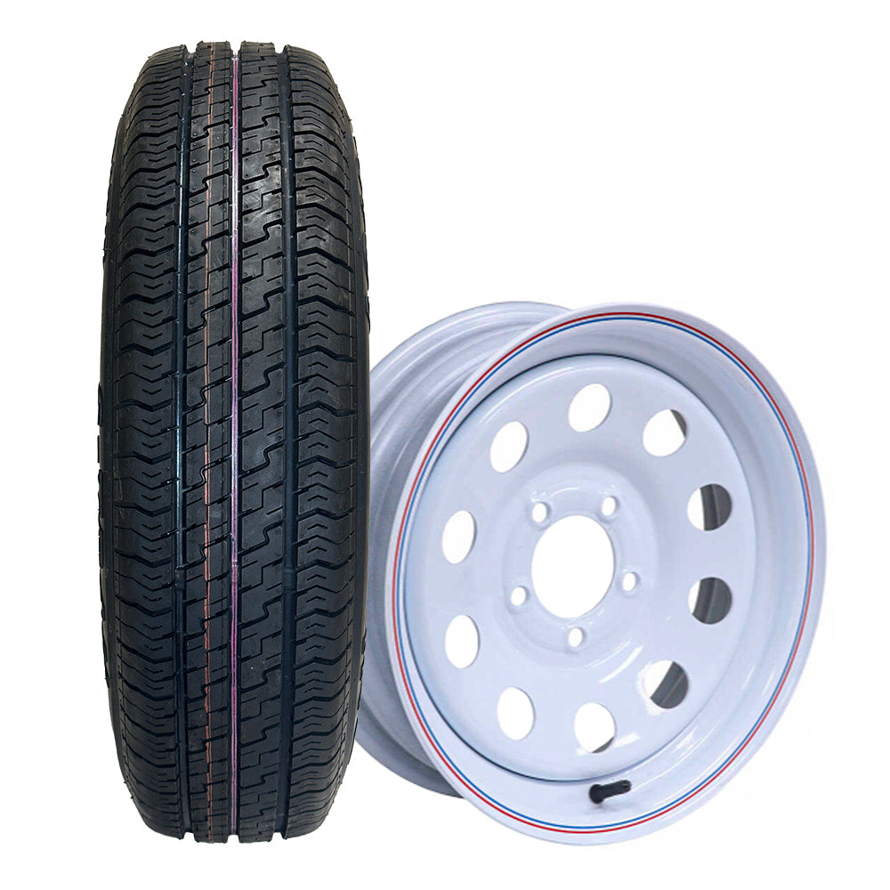Kenda Karrier S-Trail Load Range D 12" trailer tire on white steel MOD wheel with 5x4.5" bolt pattern.