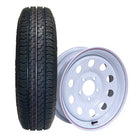 Kenda Karrier S-Trail Load Range D 12" trailer tire on white steel MOD wheel with 5x4.5" bolt pattern.