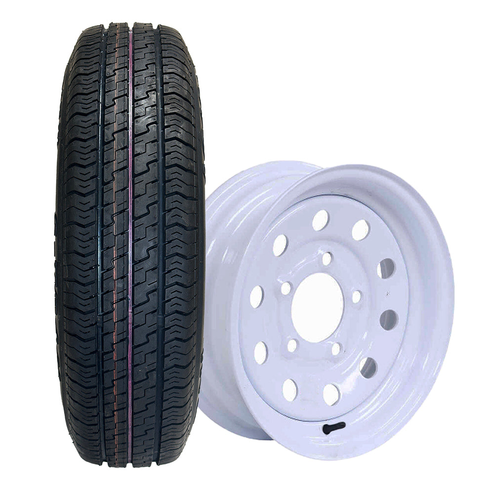 Kenda Karrier S-Trail Load Range D 12" trailer tire on white 12x4 steel wheel with 5x4.5" bolt pattern and zero offset.