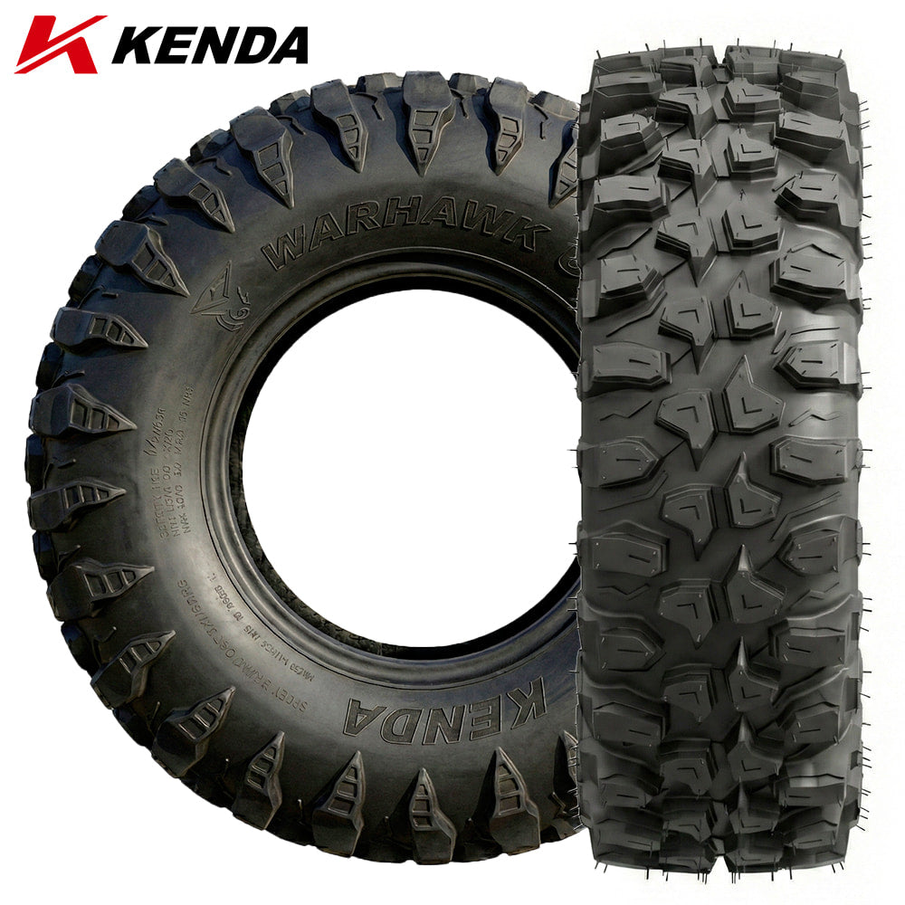 Main product listing photo for the new Kenda Warhawk UTV and SXS 8-ply radial rugged all-terrain tire, built to dominate rocks, ruts, and rough terrain with reinforced construction, displaying both the aggressive tread pattern and lug design as well as the tough sidewall view, available for sale by Ride or Die Tire.