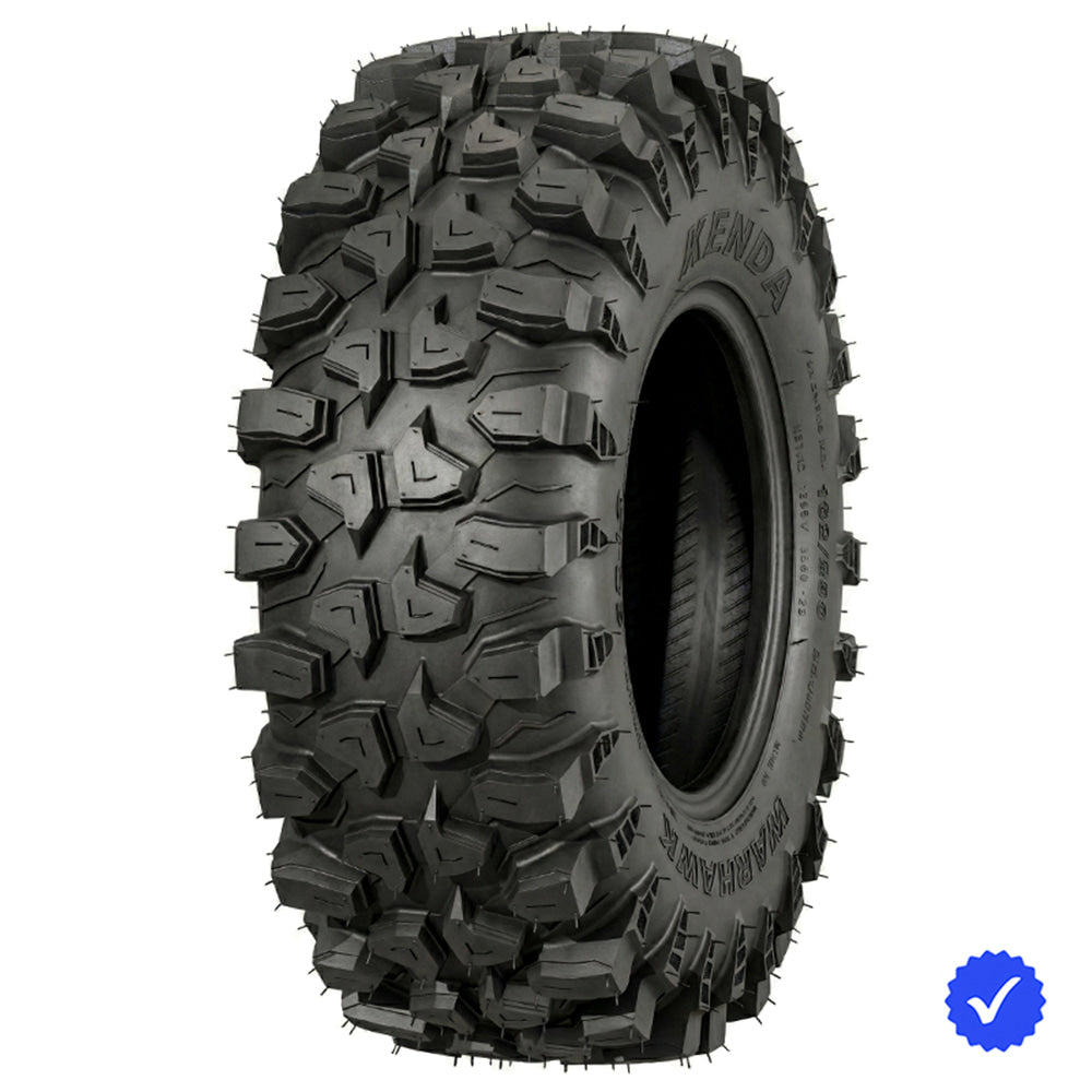 Angled view of the K3214 Kenda Warhawk UTV tire, built with reinforced and rugged 8-ply radial construction, large lugs with aggressive spacing and tread depth, puncture resistance, and available in popular 30x10-14 and 32x10-15 sizes, all offered with fast and free shipping.