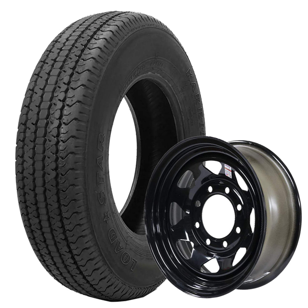 Heavy Duty Load Range E (LRE) Kenda Loadstar Karrier KR35 utility and trailer tire in 235/80R16 size, mounted on black 16x6 spoked steel rim with 8x6.5 bolt pattern / lug pattern, offered with free shipping, assembly part #s 10247 and 20773.